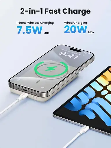 Магнитный Magsafe Повербанк Ugreen PB561 10000mAh 20W с беспроводной магнитной зарядкой для iPhone бежевый - фото 6