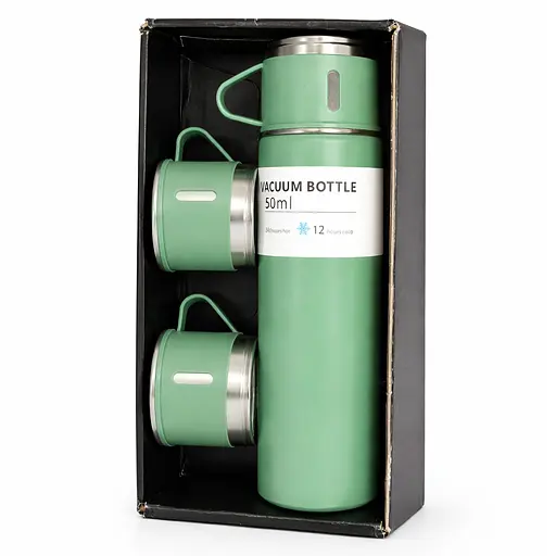 Подарочный набор Hot&Cold термос с 3 кружками / 500 мл / вакуумный / туристический / дорожный / зелёный - фото 2
