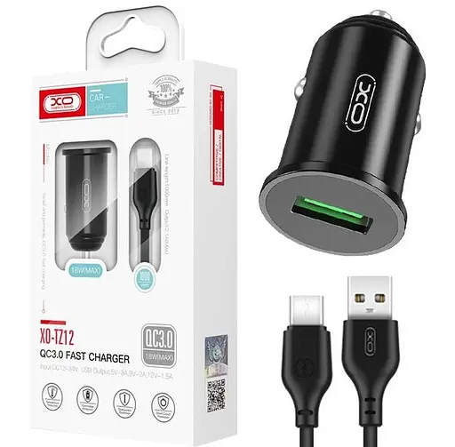 Автомобильное зарядное устройство XO TZ12 18W QC3.0 Car Charger with Type-C cable Черный - фото 1