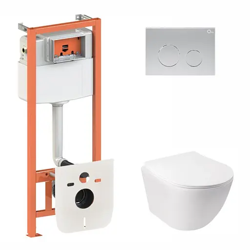 Набор Qtap инсталляция 3 в 1 Nest QT0133M425 с панелью смыва круглой QT0111M11111SAT + унитаз с сиденьем Jay QT07335176W, Белый - фото 1