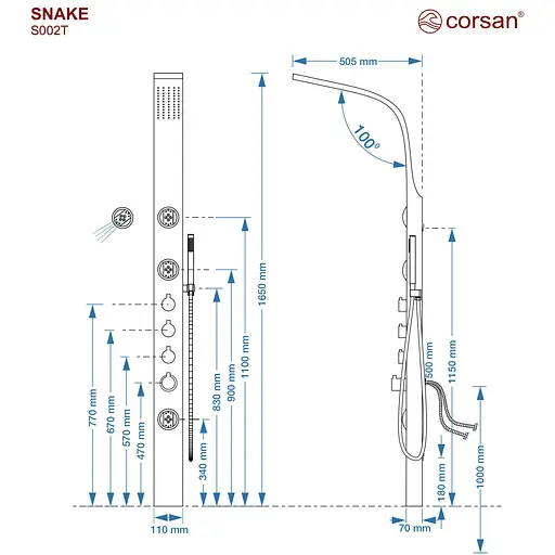 Душова панель Corsan Snake black з термостатом S002TBL, Чорний матовий - фото 4