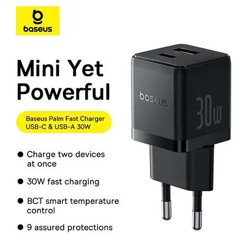 Швидкий зарядний комплект із кабелем Baseus Palm Fast Charger C+U 30 W EU Cluster Black - фото 6