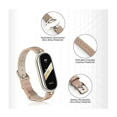 Шкіряний ремінець MiJobs для фітнес-браслета Xiaomi Mi Band 8 і 9 Type B бежевий, тримач - золотистий - фото 5