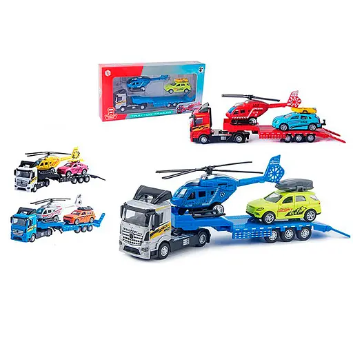 Трейлер металлический инерционный, M7138-29, 26 см, с машинкой 8,5 см, вертолетом 14 см (В ассортименте) - фото 2