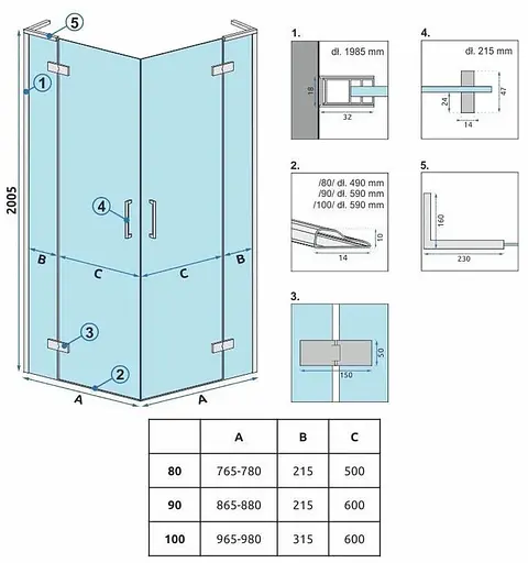 Душова кабіна Rea Hugo 80x80 gold подвійна REA-K6608, Універсальна, прозорий, золотий - фото 8