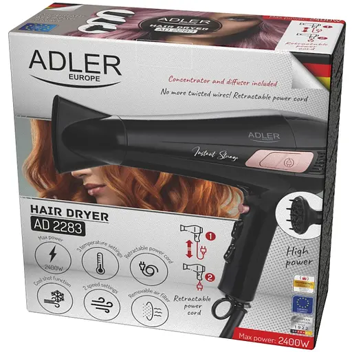 Фен Adler AD 2283 black 2400Вт/ 2 швидкості/ хол.обдув/ темп.режимів-3/ ахист від перегріву - фото 9