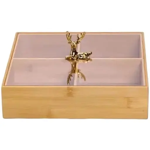 Менажниця бамбукова Yiwu HB-40-1 квадратна з кришкою 25x25x6.5см Бежевий - фото 1