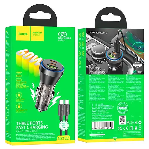 Автозарядное устройство 3 порта — Hoco NZ12D Lucky 60 W с кабелем C-C черный - фото 4