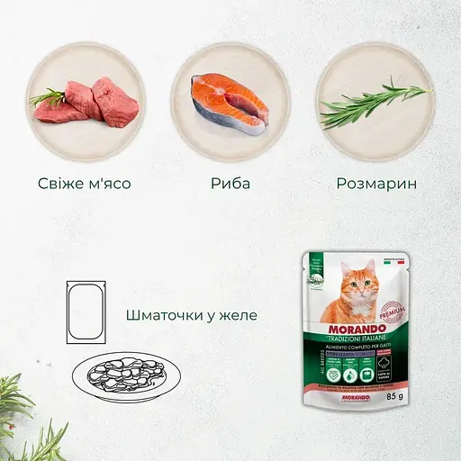 Вологий корм для стерилізованих котів Morando Tradizioni Sterilized беззерновий шматочки в желе з лососем та тунцем 85 г - фото 3