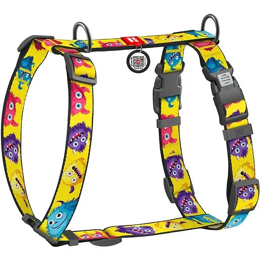 Шлейка для собак Waudog Nylon анатомическая H-образная с QR-паспортом, рисунок "Мохнатые монстры", пластиковый фастекс, L