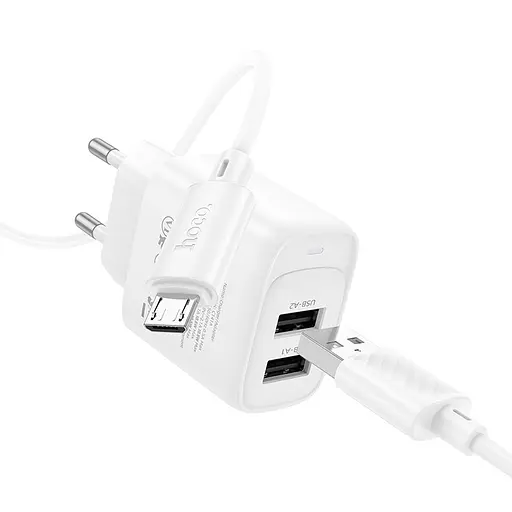 Мережевий зарядний пристрій з кабелем Hoco C141A Smart dual-port charger set(Micro) білий - фото 3