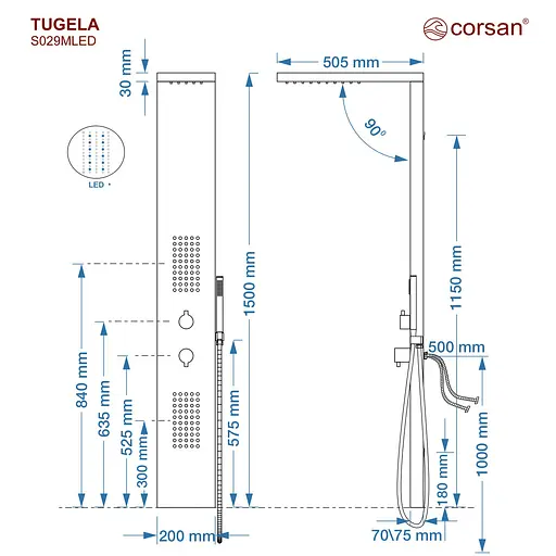Душова панель Corsan Tugela black LED S029MBLLED, Чорний матовий - фото 6