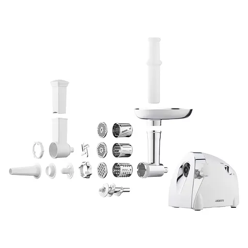 ARDESTO Мясорубка, 2000Вт, продук.-1.9кг/мин, 3 решетки + для ковб., кеббе, 3 терки, пластик, бело-серебристый - фото 3