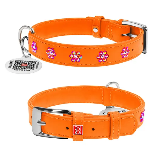 Ошейник для собак кожаный Waudog Glamour с QR-паспортом с клеевыми стразами "Цветы" Ш 20 мм Д 30-39 см