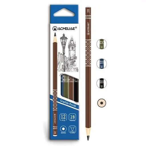 Карандаш графитовый Acmeliae Орнамент, 2B, круглый корпус, 2.2 мм, 12 шт. в упаковке