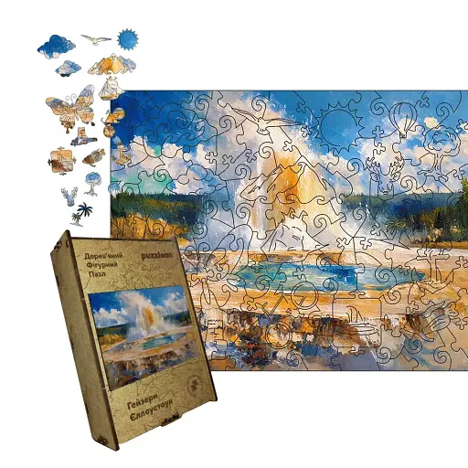 Деревянный фигурный пазл Гейзеры Йеллоустоуна, А3, Деревянная коробка 200 элементов