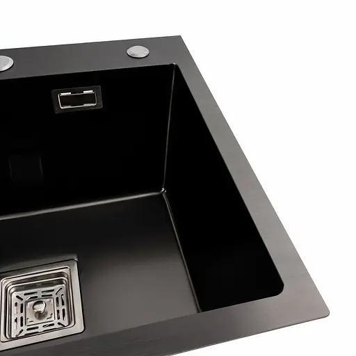 Кухонная мойка Platinum Handmade PVD HSBB 50x45 черная (квадратный сифон 3,0/1,0), Черный - фото 4