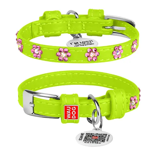 Ошейник для собак кожаный Waudog Glamour с QR-паспортом с клеевыми стразами "Цветы" Ш 9 мм Д 18-21 см салатовый