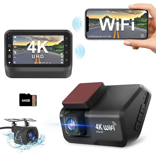 Автомобільний відеореєстратор CHORTAU 4K+1080P з Wi-Fi, 3-дюймовим IPS-дисплеєм, додатком та безкоштовною карткою пам'яті на 64 ГБ