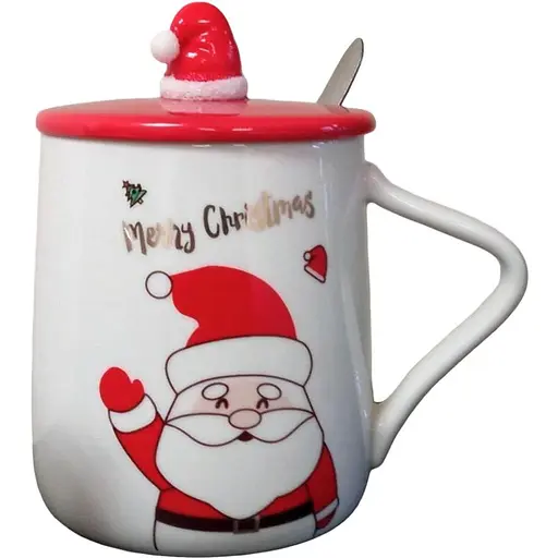 Новогодняя чашка с крышкой и ложкой Счастливого Рождества Санта-керамика 360мл Белая с красным - фото 1