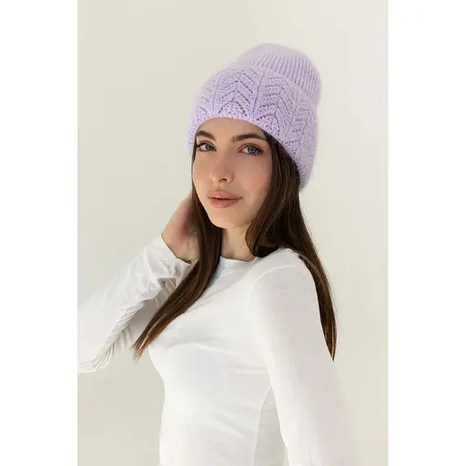 Женская вязаная шапка Ангора Ажур с флисовой подкладкой 60% ангора Сиреневый - фото 1