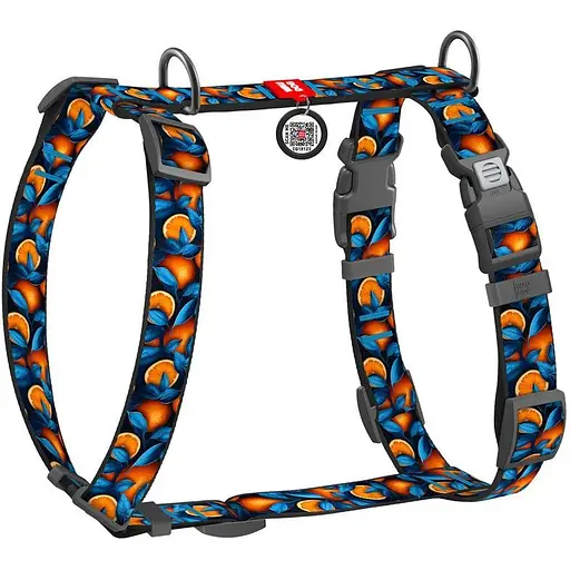 Шлейка для собак Waudog Nylon анатомическая H-образная с QR-паспортом, рисунок "Апельсины", пластиковый фастекс, L