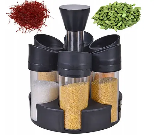 Набор из 6 стеклянных баночек для специй и приправ на вращающейся подставке 360 градусов, дозатор 3 режима Черный 88204 - фото 4