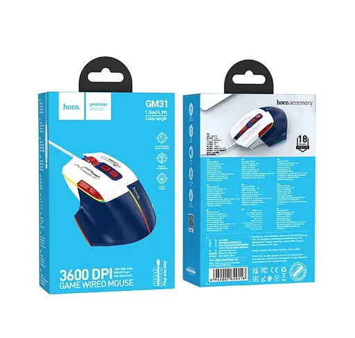 Комп'ютерна миша Hoco GM31 Overlord luminous gaming wired mouse Біло-синя - фото 3