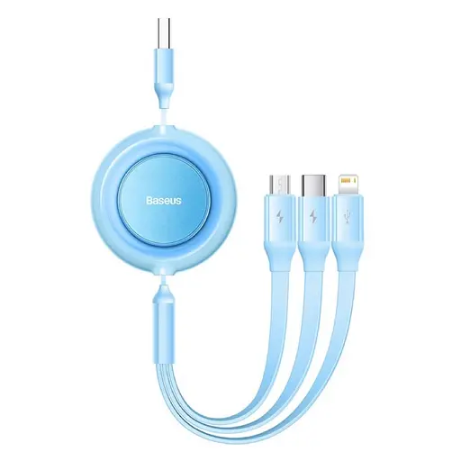Кабель Baseus Bright Mirror 2 Series Retractable 3-in-1 Fast Charging Data Cable USB to M+L+C 3.5A 1.1m Sky Blue - фото 1