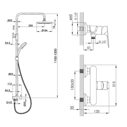 Змішувач для душа KUCERA + душова система без змішувача (15105+T-15084) хром Imprese SET20220128 Хром - фото 2