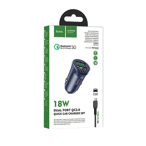 Автомобільний зарядний пристрій Hoco Z39 Farsighted dual port QC3.0 Car charger set ( Micro ) Синій - фото 3