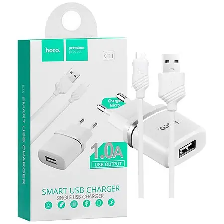 Блок живлення Hoco C11, 1 порт USB + кабель MicroUSB білий