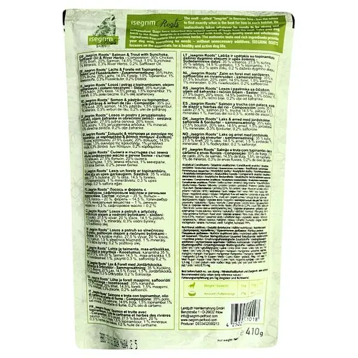 Уценка. Набор влажного корма для взрослых собак Isegrim Adult Pouch Roots Multipack II Duoprotein: Лосось и форель, Утка с сердечками, Олень и дичь 2.46 кг (6 паучей по 410 г) - фото 3