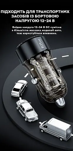 Зарядное устройство для автомобильного прикуривателя Toocki 60W (1 Type-C 30w + 1 USB 30w), Black Transparent - фото 5