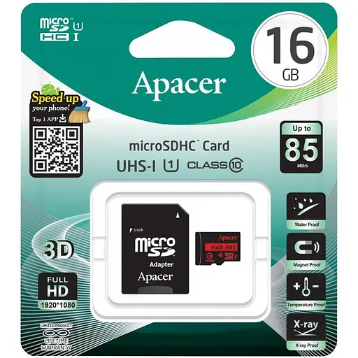 Карта памяти Apacer microSDHC 16GB Class 10 UHS-I R-85MB/s +SD-адаптер - фото 2