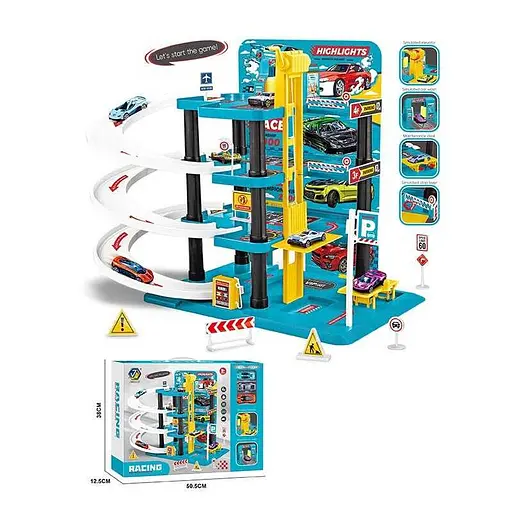 Игровой паркинг 3-уровневый, механический лифт, спиральные трассы, 3 металлопластиковые машинки, аксессуары, наклейки 652J44