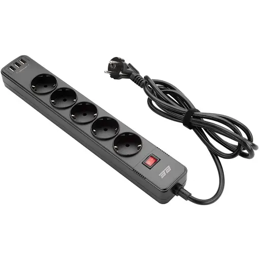 Сетевой фильтр-удлинитель 2E SP515M2-USB-BK 5хSchuko 3xUSB 2 м 5 розеток 16 А 3.68 кВт
