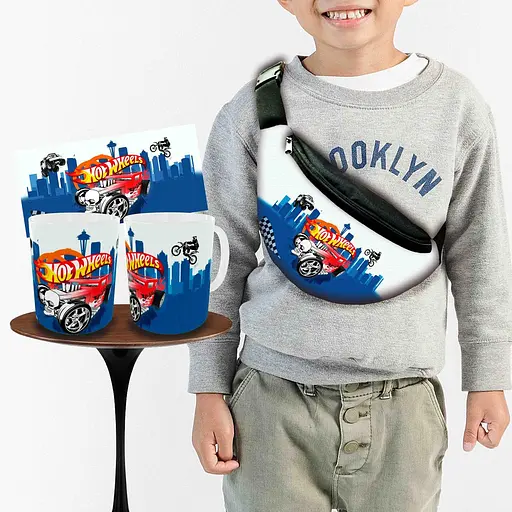 Набір: дитяча сумка-бананка+кружка Хот Вілс «Hot Wheels» 32х15см, бананка для хлопчика через плече на подарунок (01002)