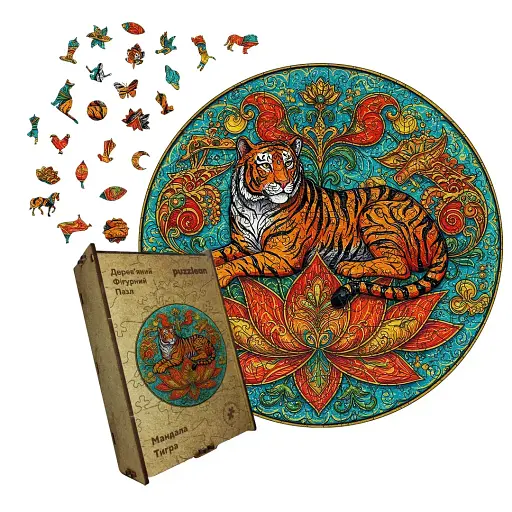 Деревянный пазл Мандала Тигра, А1, Деревянная коробка 500+ элементов
