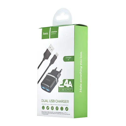Мережевий зарядний пристрій Hoco C12 Smart dual USB charger set with Lightning cable ( EU ) 2USB 2.4A Чорний - фото 2