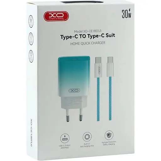 Комплект зарядного пристрою XO CE18 1Type-C PD/QC 30W Type-C to Type-C Blue - фото 2