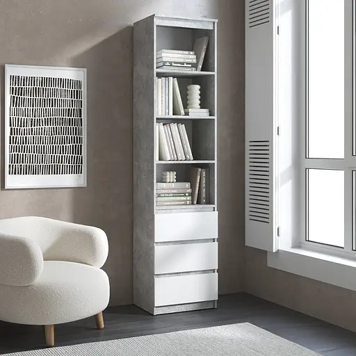 Пенал для книг Vays R-25 Бетон-Белый фасад, с открытыми полками и ящиками, без ручек, ЛДСП, 50×40×211 см - для гостиной, спальни