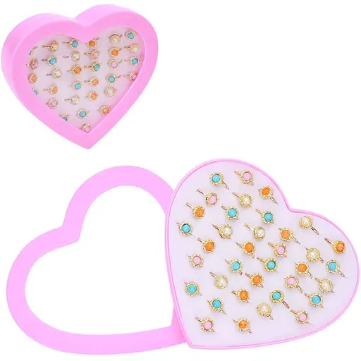 Набор детских металлических колец с бусинкой, 36 штук в коробке в форме сердца FG240408089A