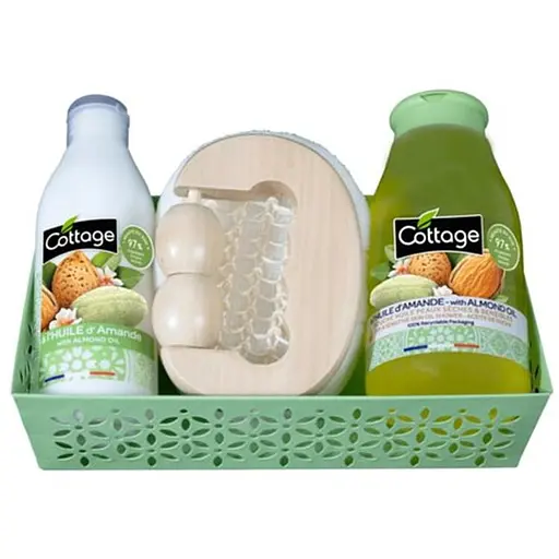 Набор для женщин Cottage Almond Oil: Масло для душа 250 мл + Молочко для тела 150 мл + Мочалка + Массажер + Корзина