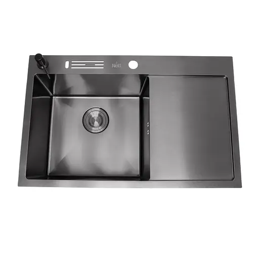 Кухонна мийка чорна з правим крилом нержавіюча сталь 1.5 мм Nett NB-7848(R), Чорний - фото 1