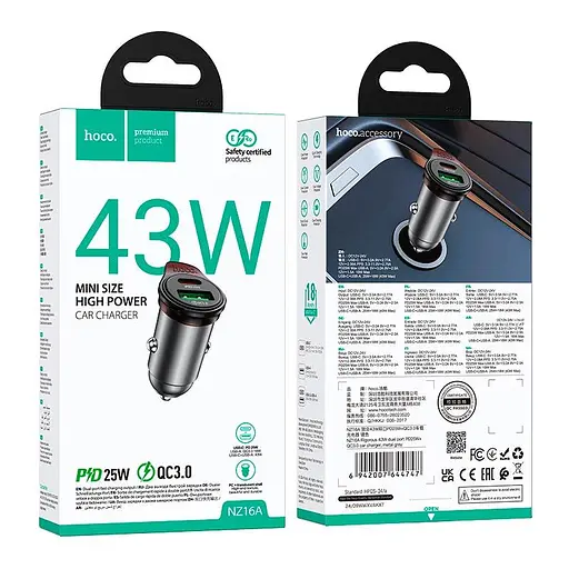 Адаптер автомобильный Hoco Rigorous dual port Car charger NZ16A | 1USB/1Type-C, 43W/3A, PD25W/QC| - фото 2