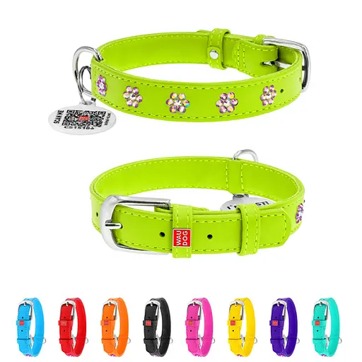 Ошейник для собак кожаный Waudog Glamour с QR-паспортом с клеевыми стразами "Цветы" Ш 20 мм Д 30-39 см - фото 2