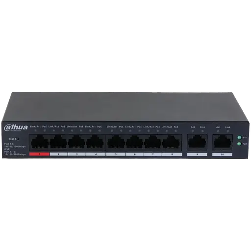 8-портовый гигабитный управляемый PoE коммутатор DH-CS4010-8GT-110 с 8 портами POE 1000Мбит + 2 порта UP-Link 1000Мбит, 190x106x30 мм