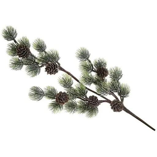 Декоративная глиттерная ветка с литой хвоей и шишками Зеленая 38 см - фото 1