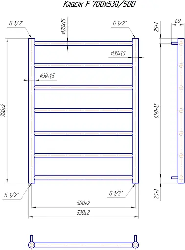 Водяной полотенцесушитель Mario Классик F 700x530/500 1.1.5905.01.P, Хром, нижнее - фото 5